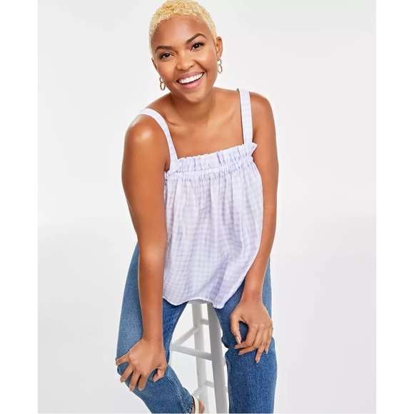 On 34th Women's Shirred Tonal-Stripe Gingham Print Camisole Top Purple Tank XL - Picture 14 of 14